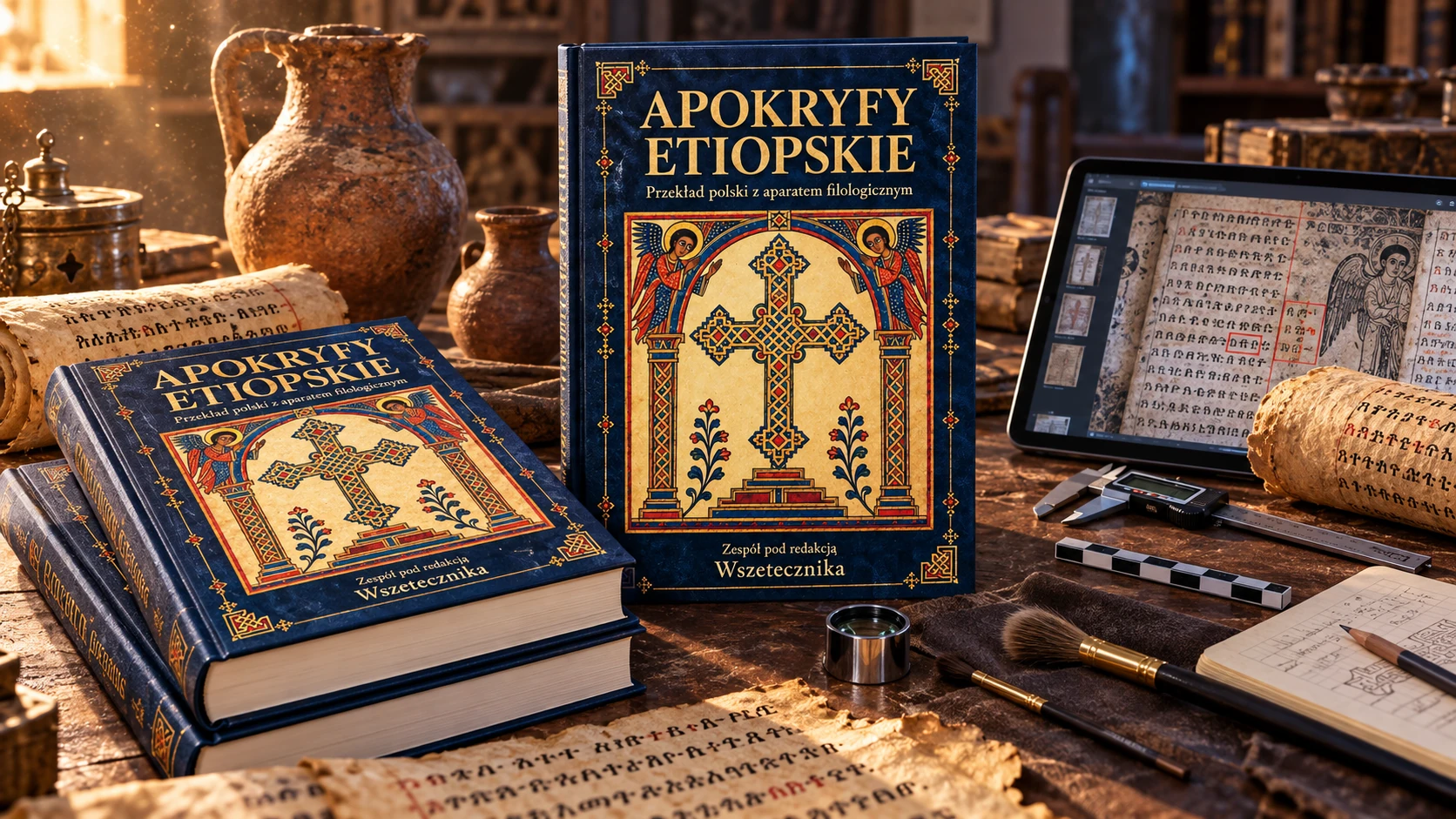 Trzy egzemplarze „Apokryfów etiopskich” wśród dawnych zwojów i glinianych dzbanów, obok tabletu i przyborów badawczych.